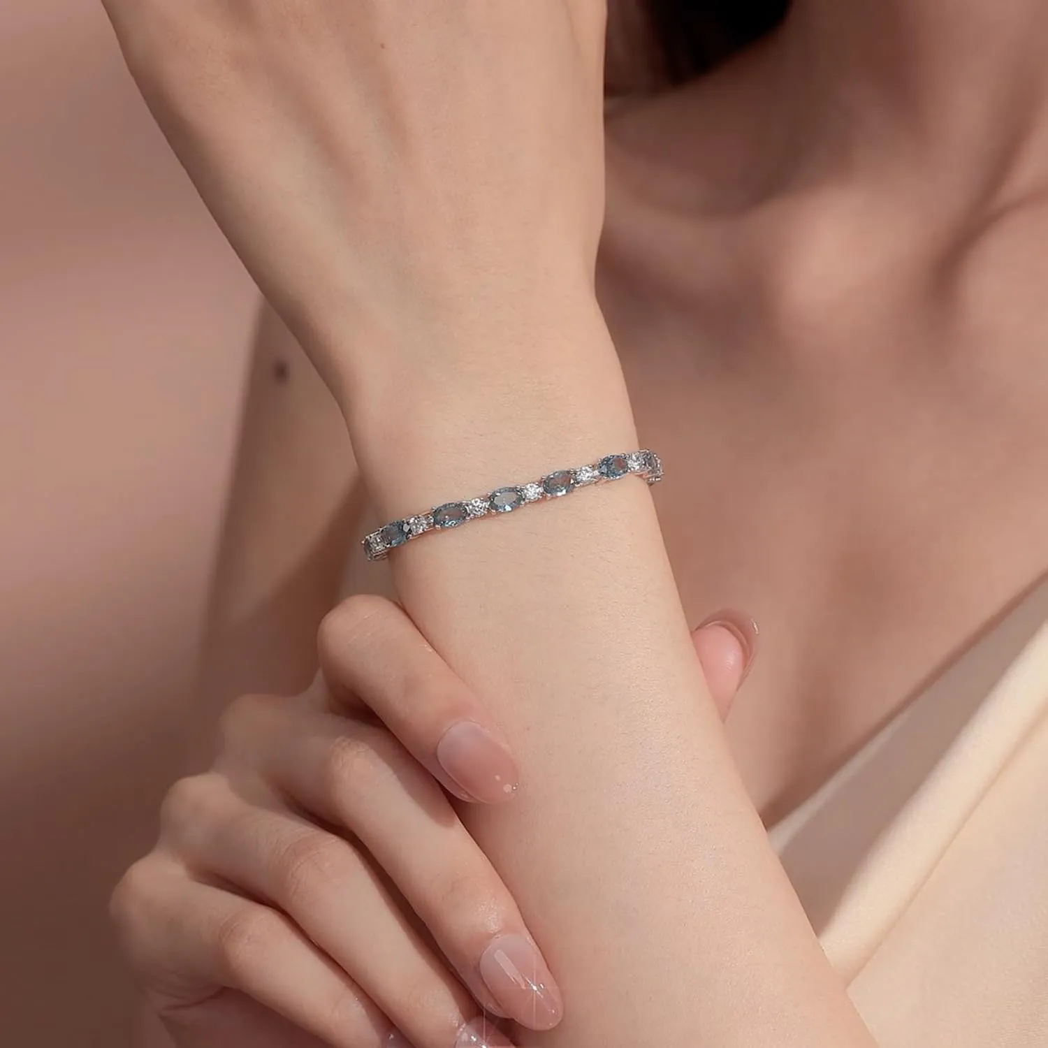 "Glamour Radiance" March Birthstone Fancy Cut Tennis Aquamarine Sterling Silver Bracelet