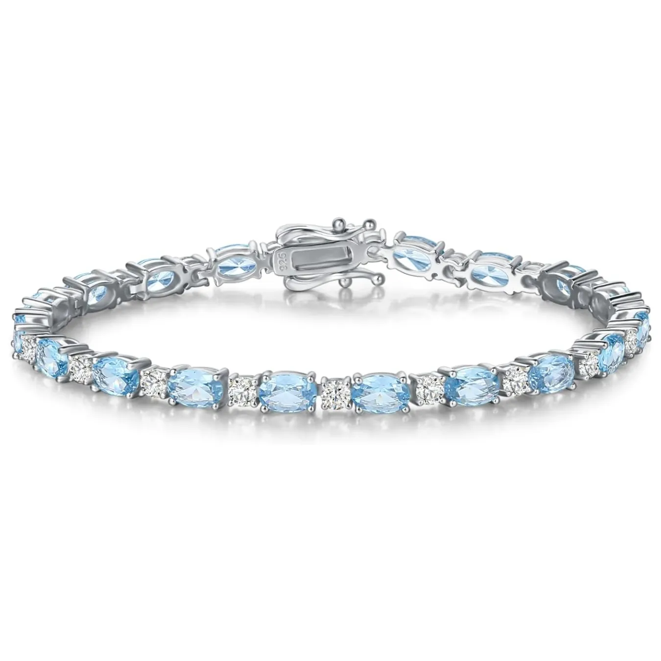 "Glamour Radiance" March Birthstone Fancy Cut Tennis Aquamarine Sterling Silver Bracelet