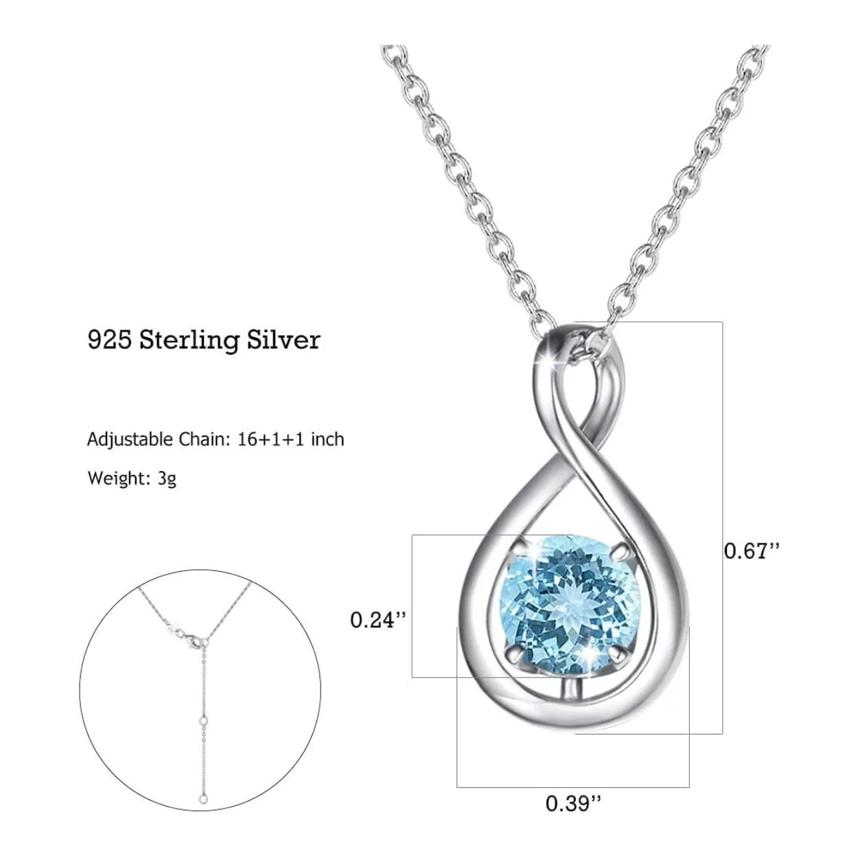 "Infinite Embrace" March Birthstone Aquamarine Infinity Symbol Sterling Silver Pendant Necklace