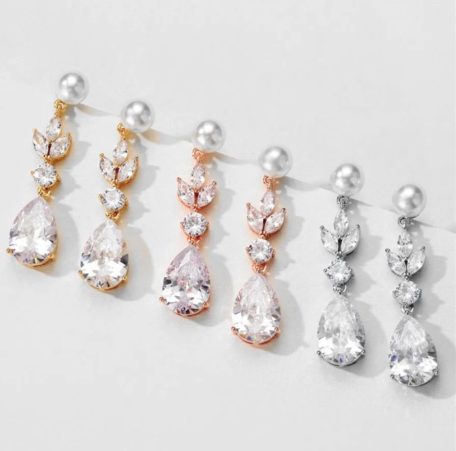 "Perla" - Pearl and Cubic Zirconia Bridal Earrings - Available in Silver, Rose Gold and Yellow Gold