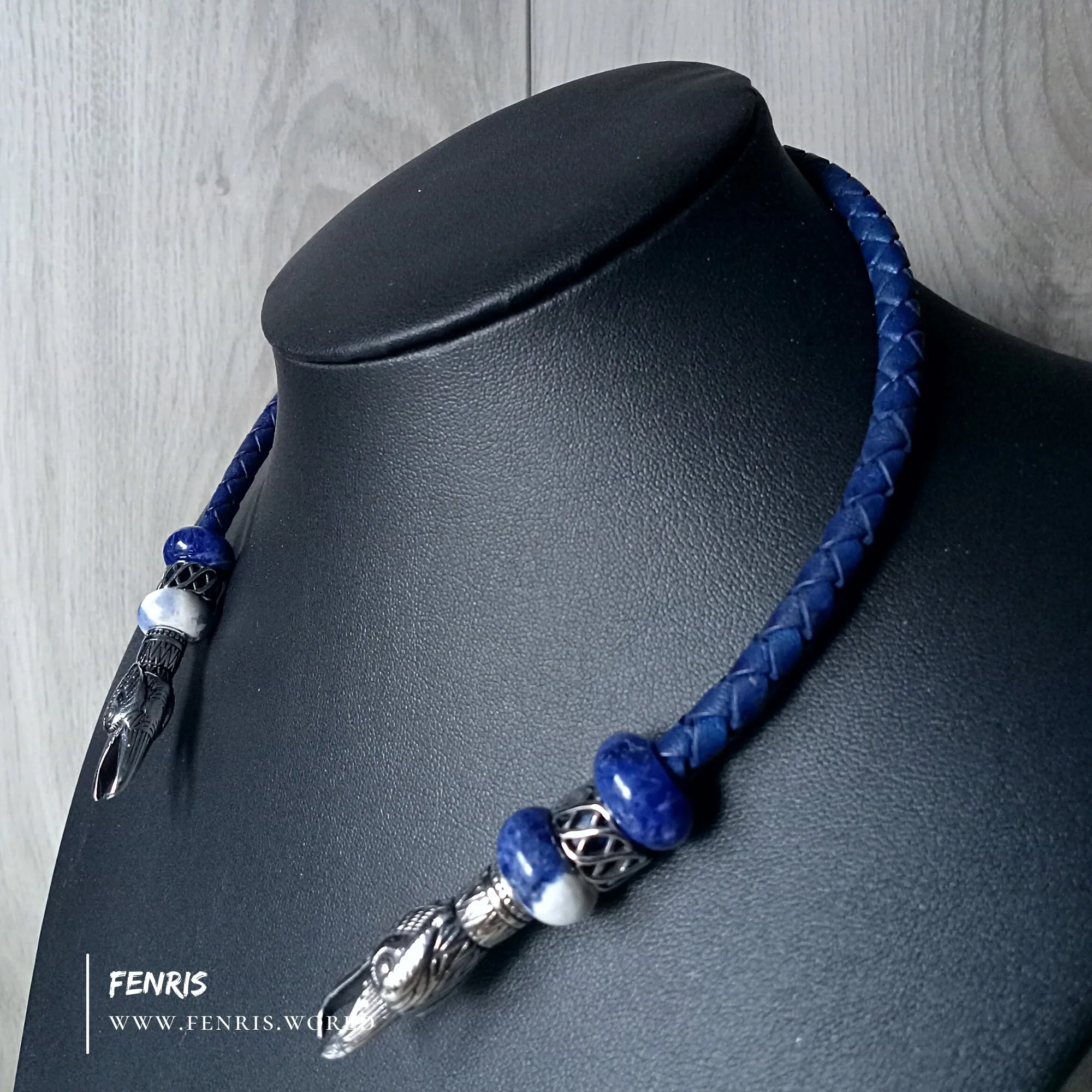 Raven Torc Lapis Lazuli Necklace Silver Blue Leather