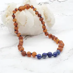 R.B Amber Jewlery Kids| Genuine Gemstone  Baltic Amber Necklaces- Raw Lapis Lazuli Cognac