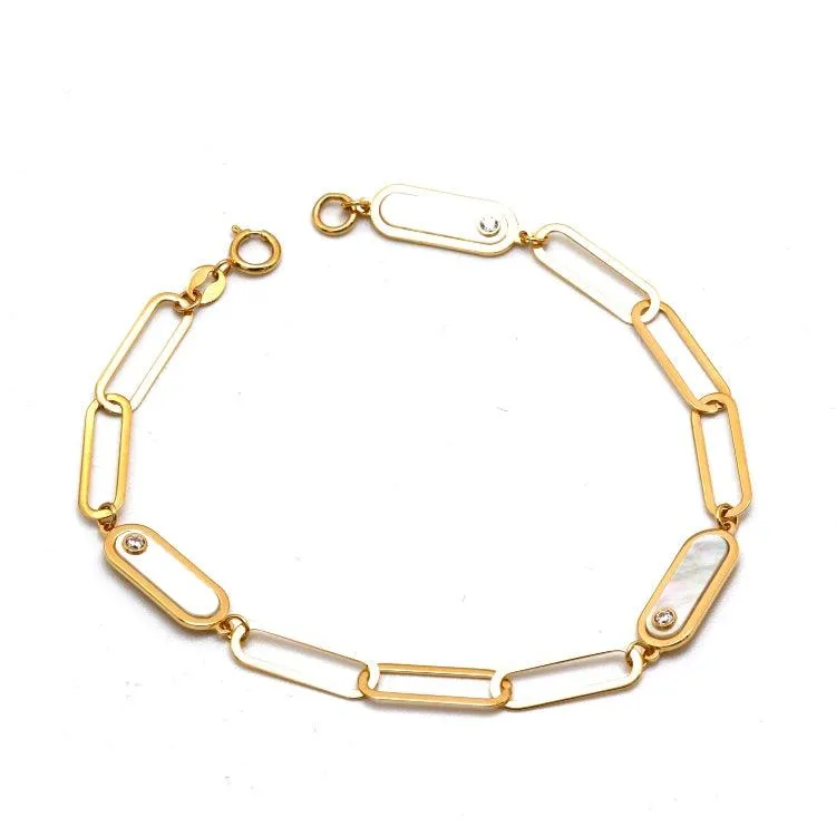 Real Gold Paper Clip Pearl Stone Bracelet (17 cm) - Model 0132 BR1697