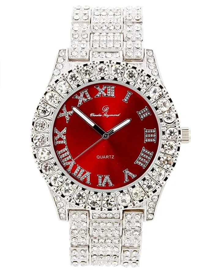 Red Face Watch Set Silver Color Simulated Diamond Earring Necklace Cuban Link Blue Bracelet Tennis Chain Ring Gift Bundle