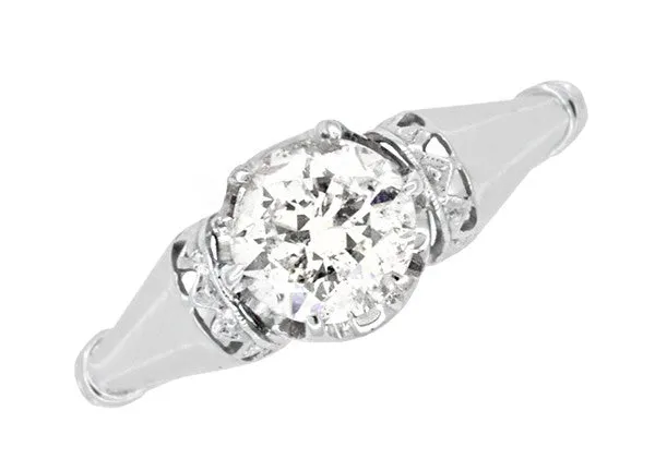 Retro Moderne Solitaire Crown 3/4 Carat White Sapphire Vintage Engagement Ring in Platinum