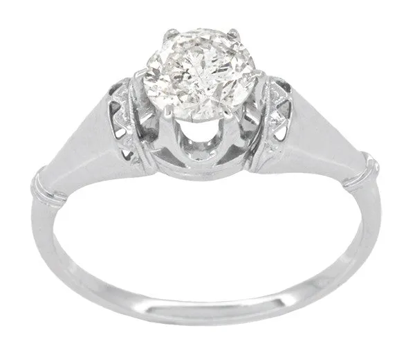 Retro Moderne Solitaire Crown 3/4 Carat White Sapphire Vintage Engagement Ring in Platinum