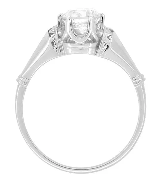 Retro Moderne Solitaire Crown 3/4 Carat White Sapphire Vintage Engagement Ring in Platinum