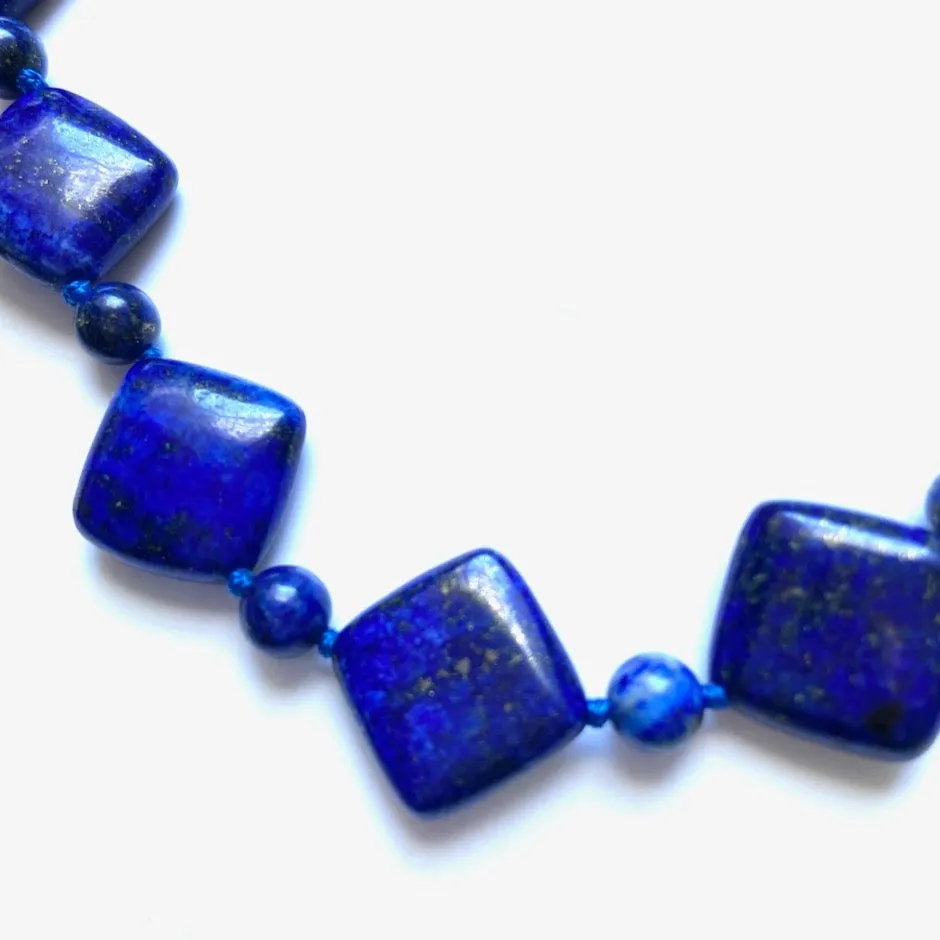 Rhombus-Style Blue Lapis Lazuli Double-Knotted Statement Necklace 20"