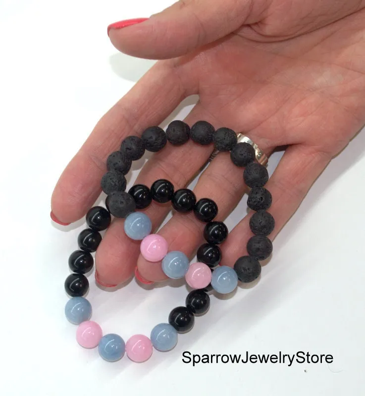 Rose quartz aquamarine bracelets Handmade gemstone adjustable bracelets Volcano lava onyx bracelet Personalized gifts for her Christmas gift