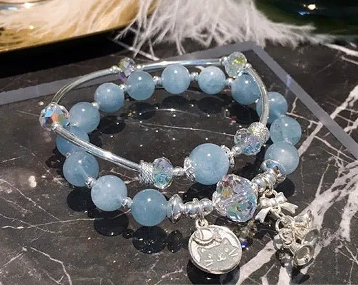 S925 Sterling Silver Austrian Crystal Genuine Aquamarine Bracelet