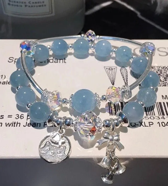 S925 Sterling Silver Austrian Crystal Genuine Aquamarine Bracelet