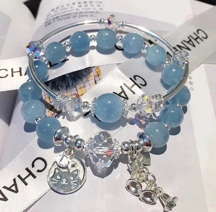 S925 Sterling Silver Austrian Crystal Genuine Aquamarine Bracelet