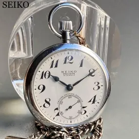 Seiko Pocket Watch Antique Railway Manual with Chain Silver 49mm Vintage