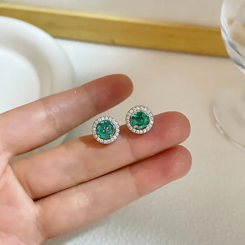 Silver Needle Simple Lake Blue Micropaved Zirconia Round Stud Earrings for Women Colorful Light Luxury Niche Retro High-end Earrings