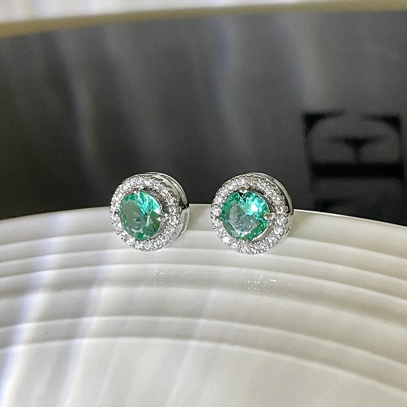 Silver Needle Simple Lake Blue Micropaved Zirconia Round Stud Earrings for Women Colorful Light Luxury Niche Retro High-end Earrings