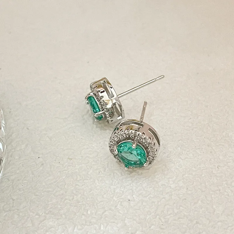 Silver Needle Simple Lake Blue Micropaved Zirconia Round Stud Earrings for Women Colorful Light Luxury Niche Retro High-end Earrings