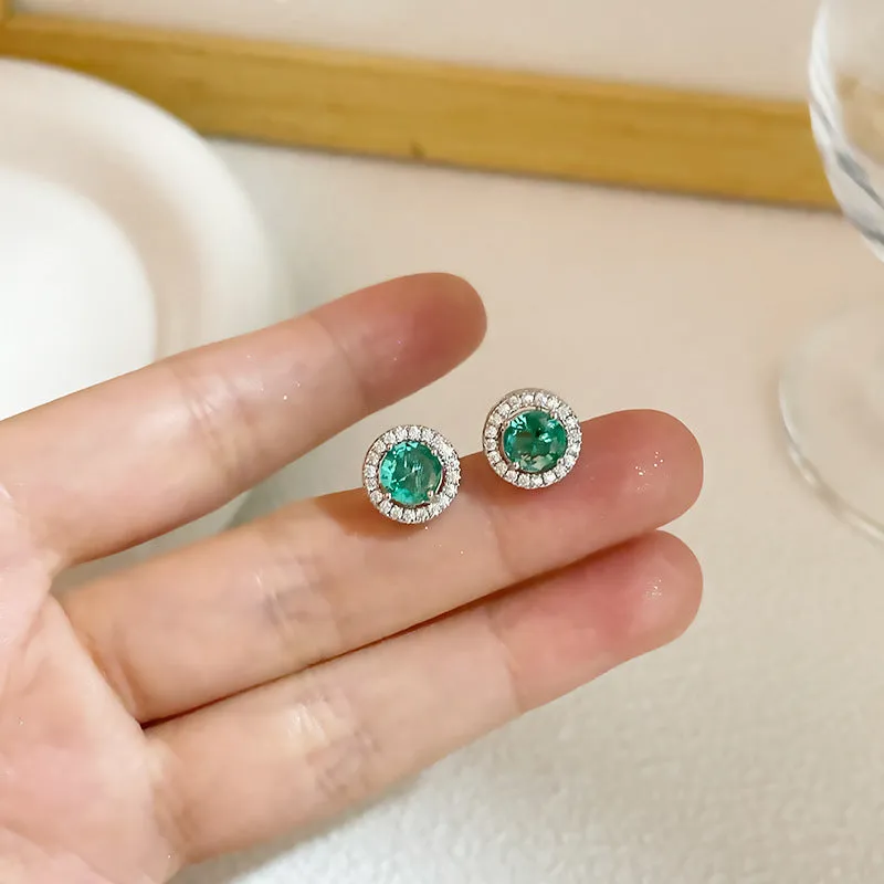 Silver Needle Simple Lake Blue Micropaved Zirconia Round Stud Earrings for Women Colorful Light Luxury Niche Retro High-end Earrings