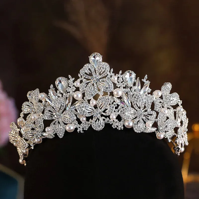 Silver Pearl Flower Crystal Tiaras Crown Party Hair Accessory