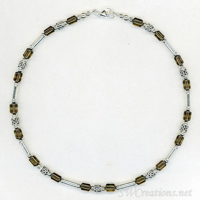 Smokey Quartz Gemstone Silver Mens Beaded Necklace