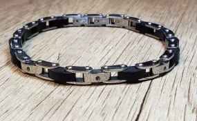 Stainless Steel, Black Wood & Simulated Diamond Men's Bracelet 