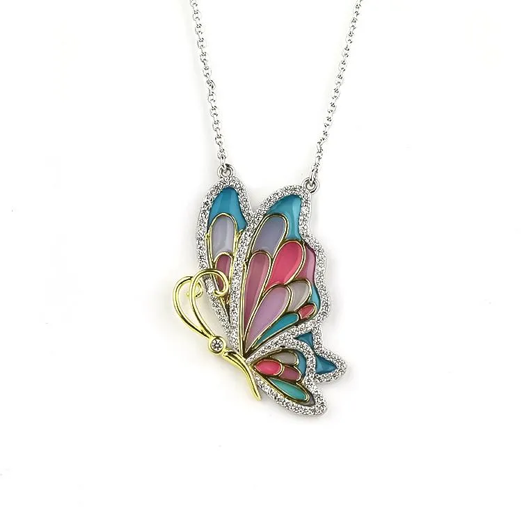 Sterling Silver Enamel Butterfly Necklace with Swarovski Crystal Top of the Line!