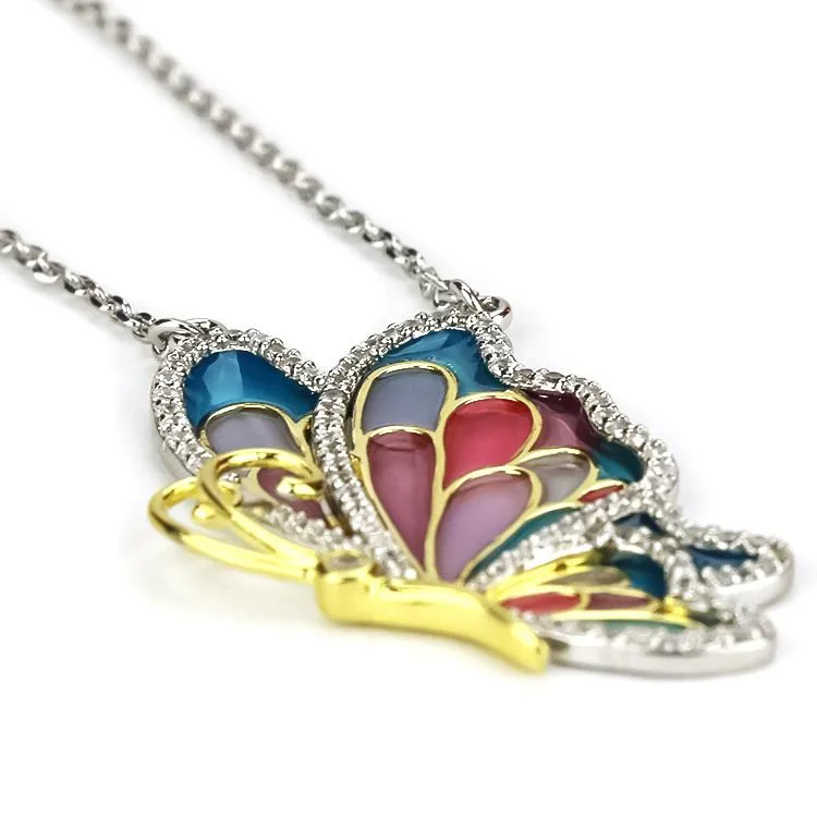 Sterling Silver Enamel Butterfly Necklace with Swarovski Crystal Top of the Line!