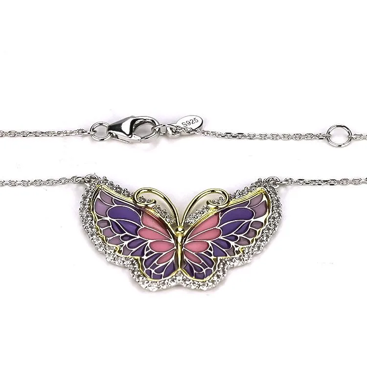 Sterling Silver Enamel Butterfly Necklace with Swarovski Crystal Top of the Line!