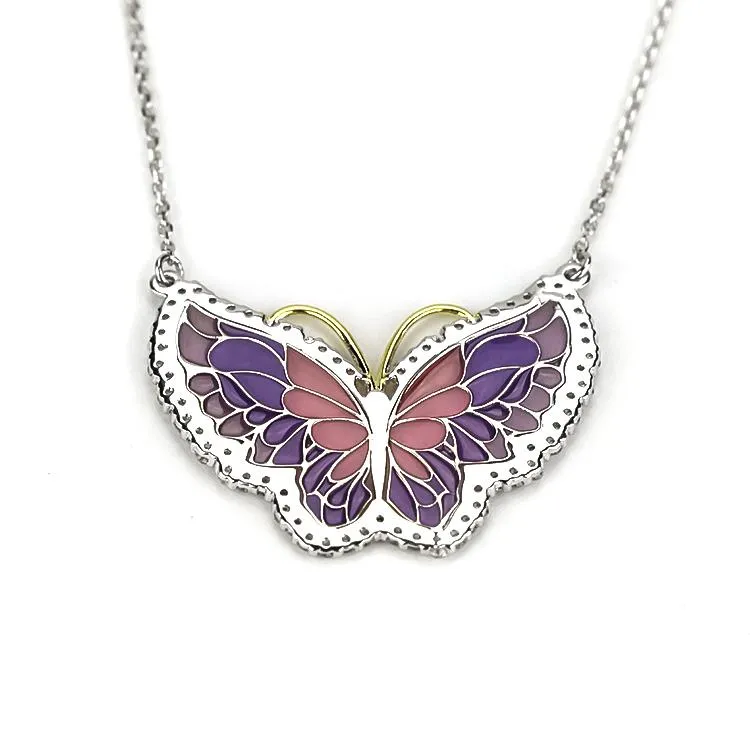 Sterling Silver Enamel Butterfly Necklace with Swarovski Crystal Top of the Line!