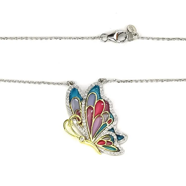 Sterling Silver Enamel Butterfly Necklace with Swarovski Crystal Top of the Line!