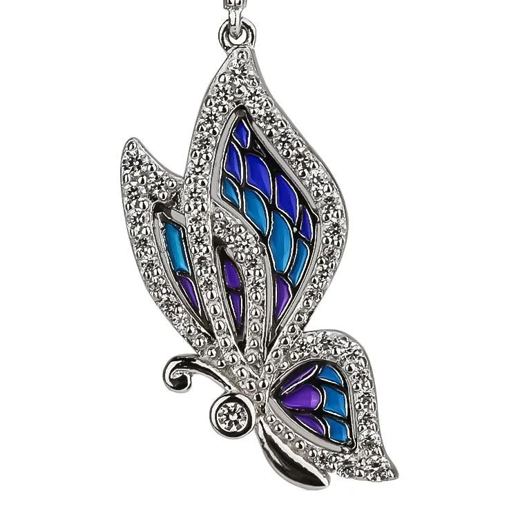 Sterling Silver Enamel Butterfly Necklace with Swarovski Crystal Top of the Line!