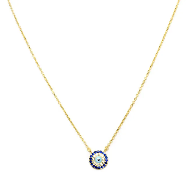 Sterling Silver Gold Plated CZ Evil Eye Pendant Necklace