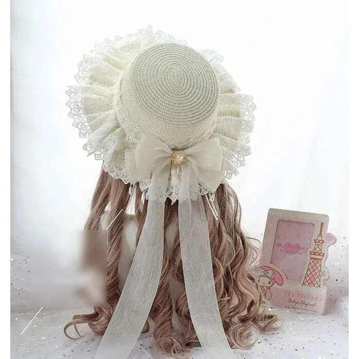 Sweet Lolita Straw Sunhat Mori Girl Caps with Lace & Bowknot Beach Summer Hat