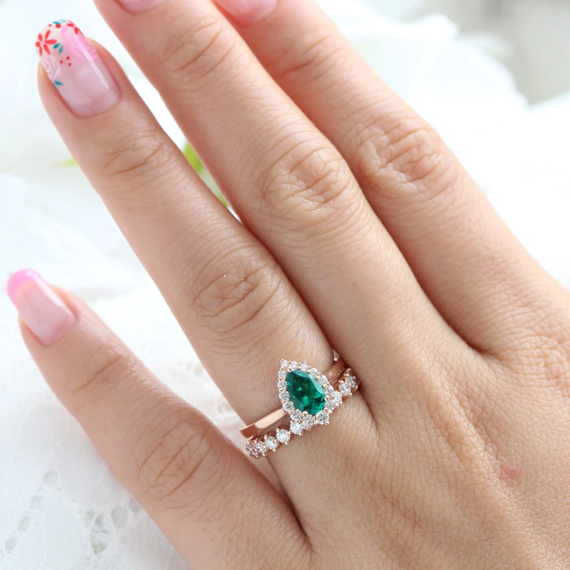 Tiara Halo Pear Ring Bridal Set w/ Emerald and 4 Prong Diamond Band