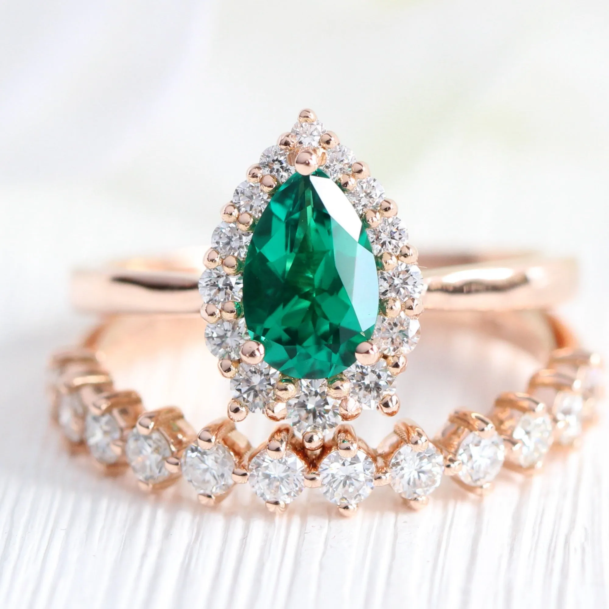 Tiara Halo Pear Ring Bridal Set w/ Emerald and 4 Prong Diamond Band