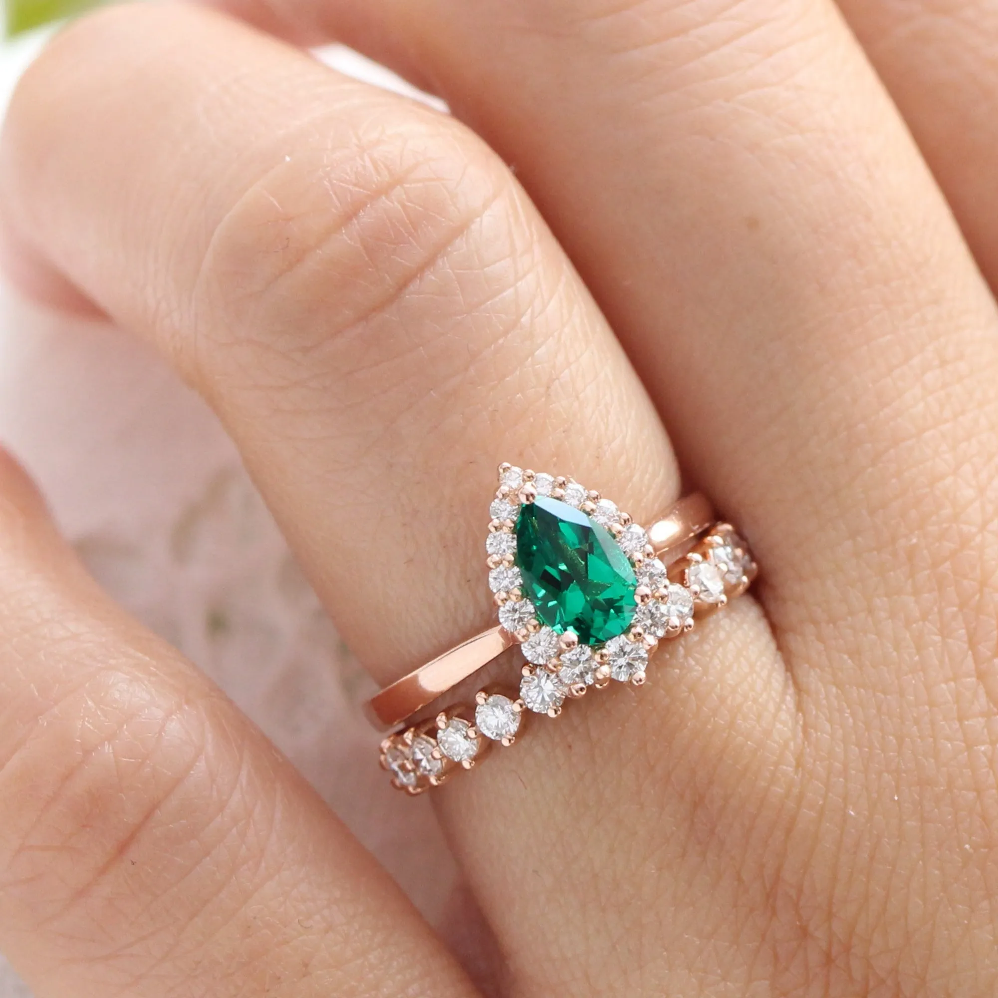 Tiara Halo Pear Ring Bridal Set w/ Emerald and 4 Prong Diamond Band