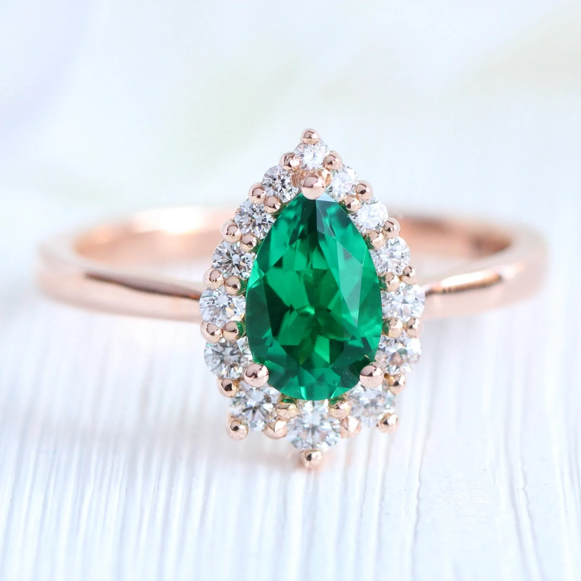 Tiara Halo Pear Ring Bridal Set w/ Emerald and 4 Prong Diamond Band