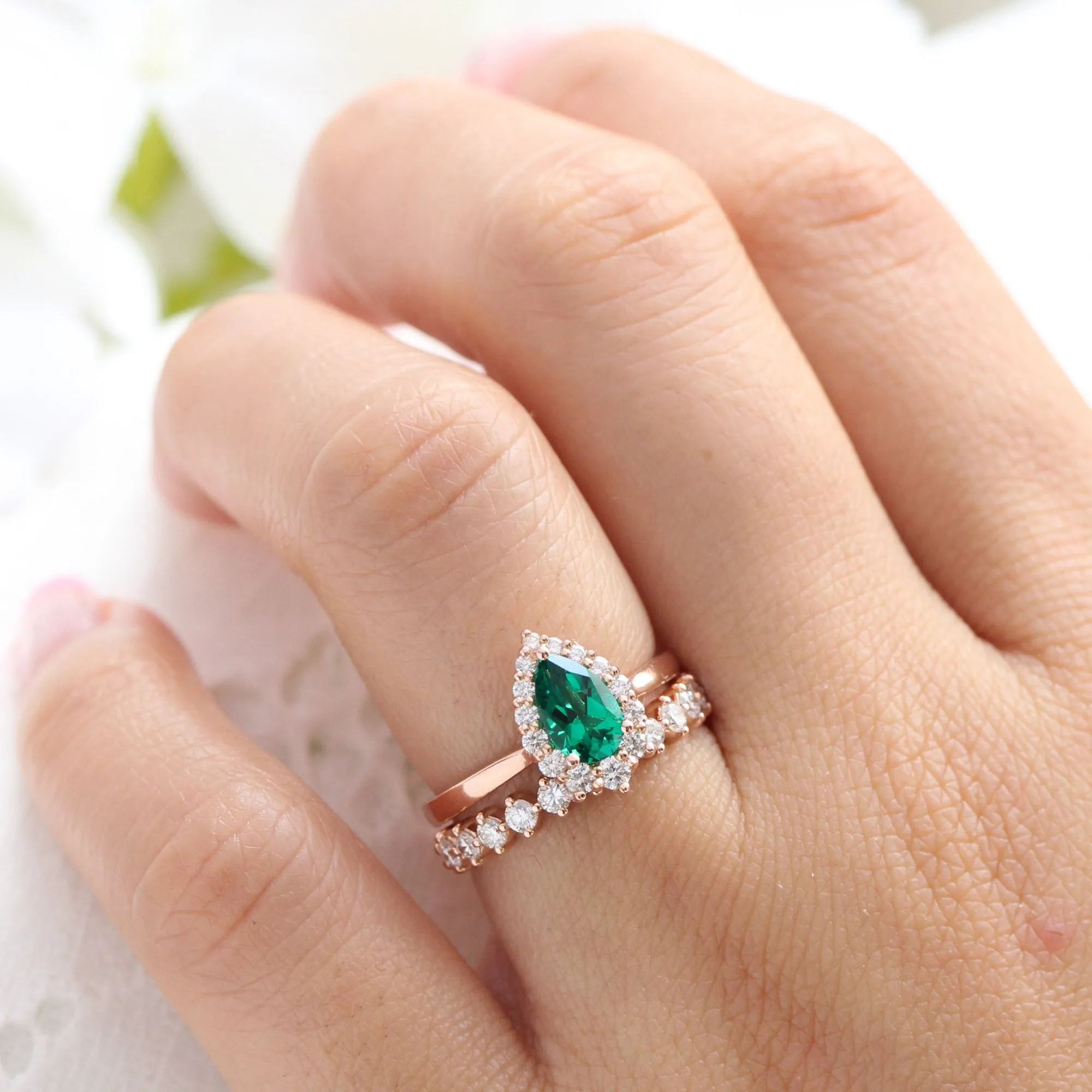 Tiara Halo Pear Ring Bridal Set w/ Emerald and 4 Prong Diamond Band