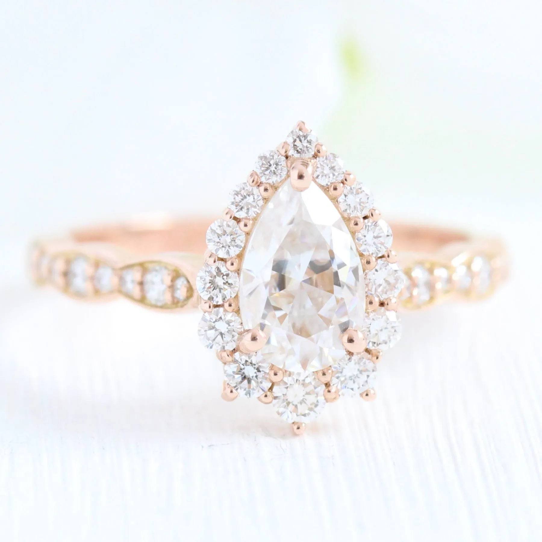 Tiara Halo Scalloped Ring Set w/ Pear Moissanite and Large 7 Diamond U Band