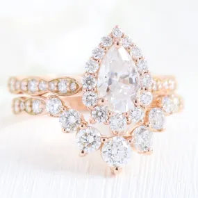 Tiara Halo Scalloped Ring Set w/ Pear Moissanite and Large 7 Diamond U Band