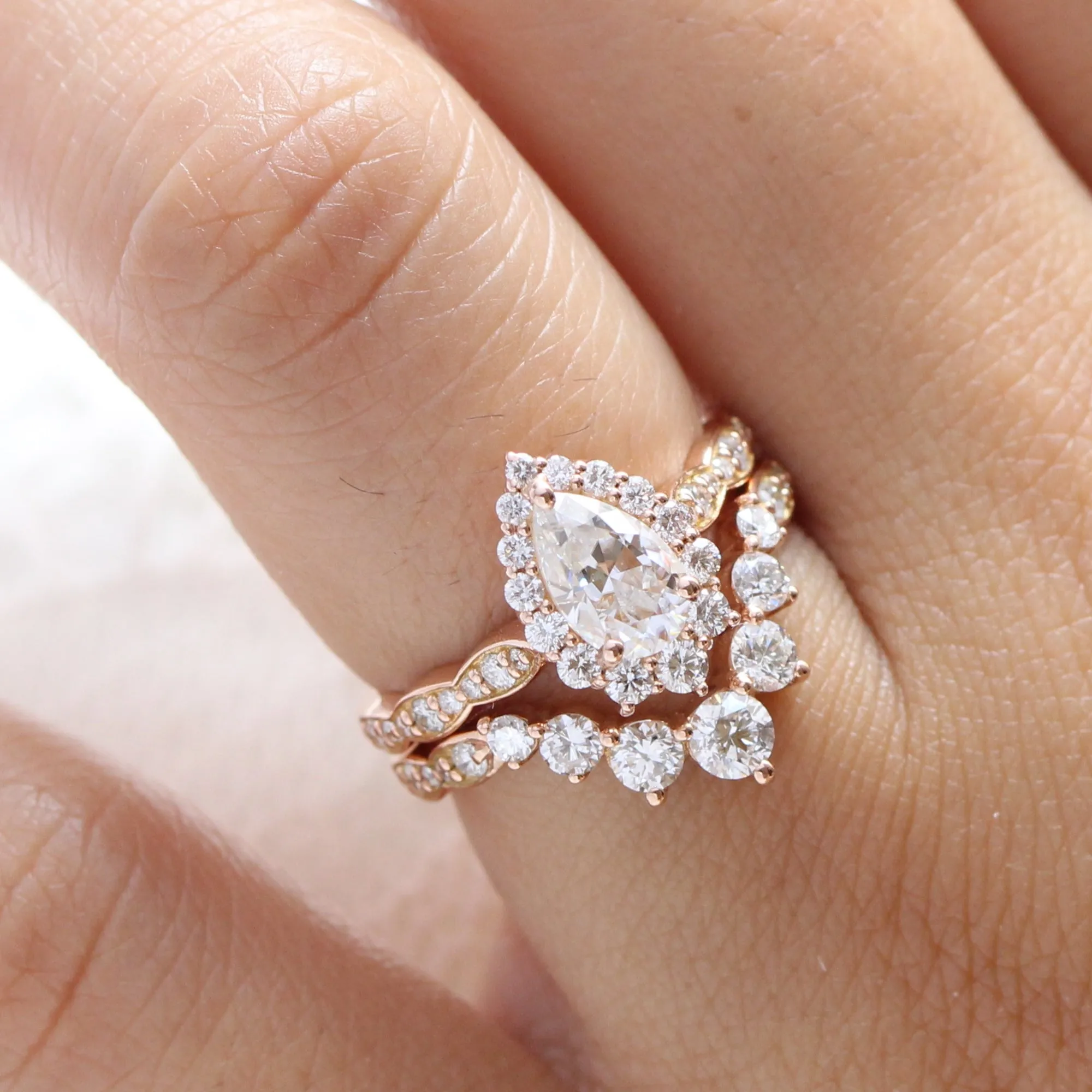 Tiara Halo Scalloped Ring Set w/ Pear Moissanite and Large 7 Diamond U Band