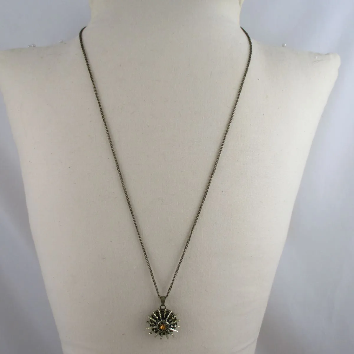 Topaz Crystal & Antique Gold Sun Burst  Pendant Necklace