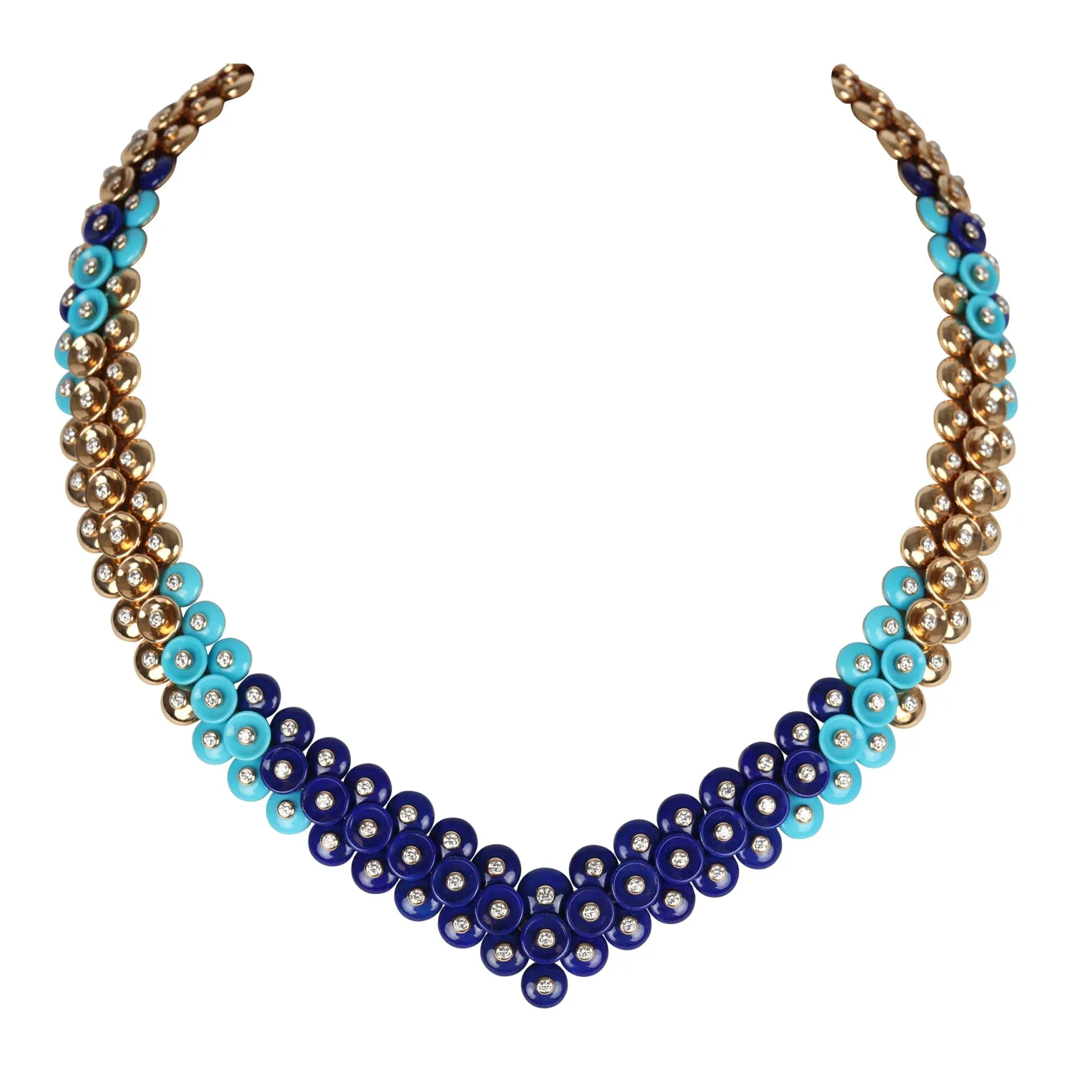 Van Cleef & Arpels Bouton D’Or Necklace Turquoise, Lapis Lazuli and Diamonds & Yellow 18K Gold Hardware