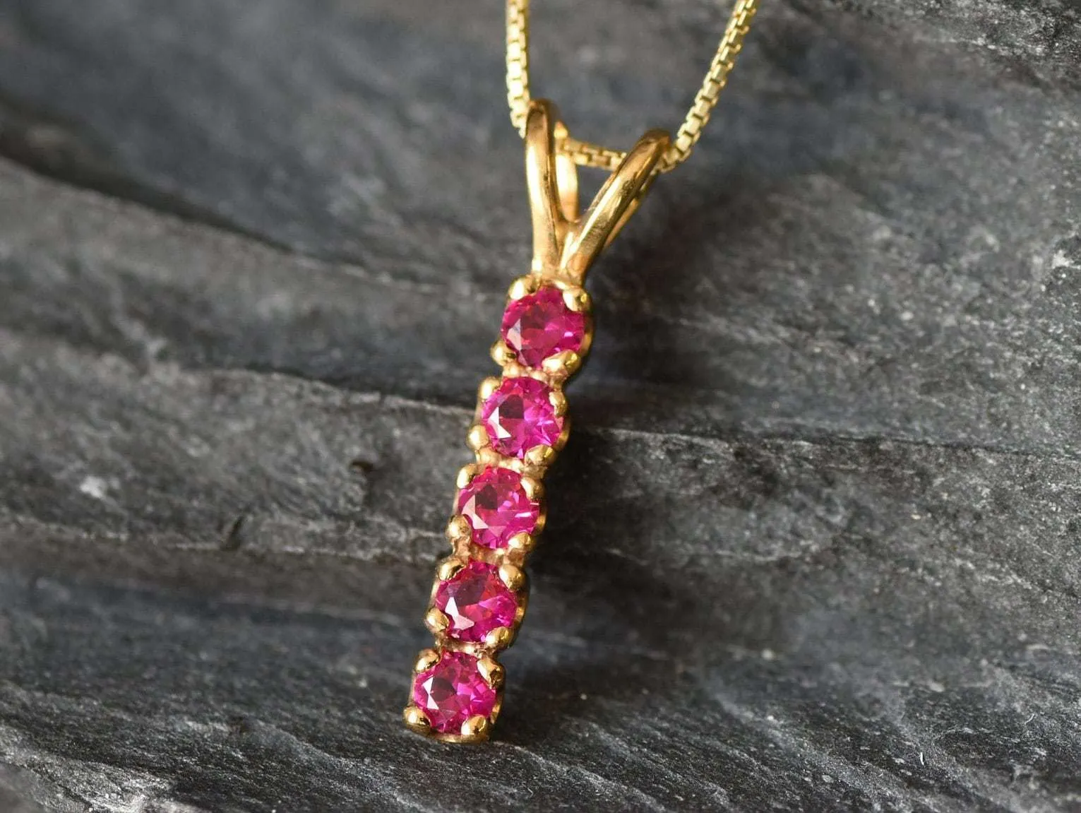 Vertical Ruby Pendant - Gold Ruby Necklace, July Birthstone Necklace