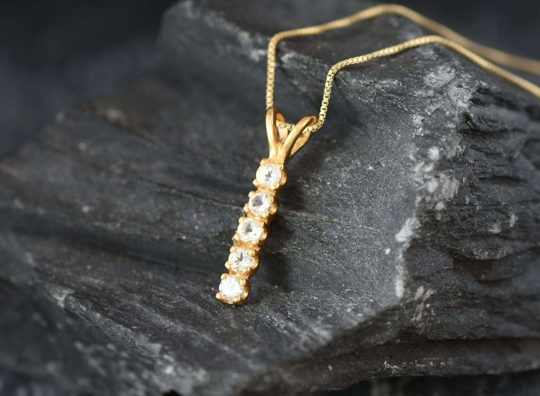 Vertical Topaz Pendant - Natural White Topaz Necklace, Gold White Topaz Pendant