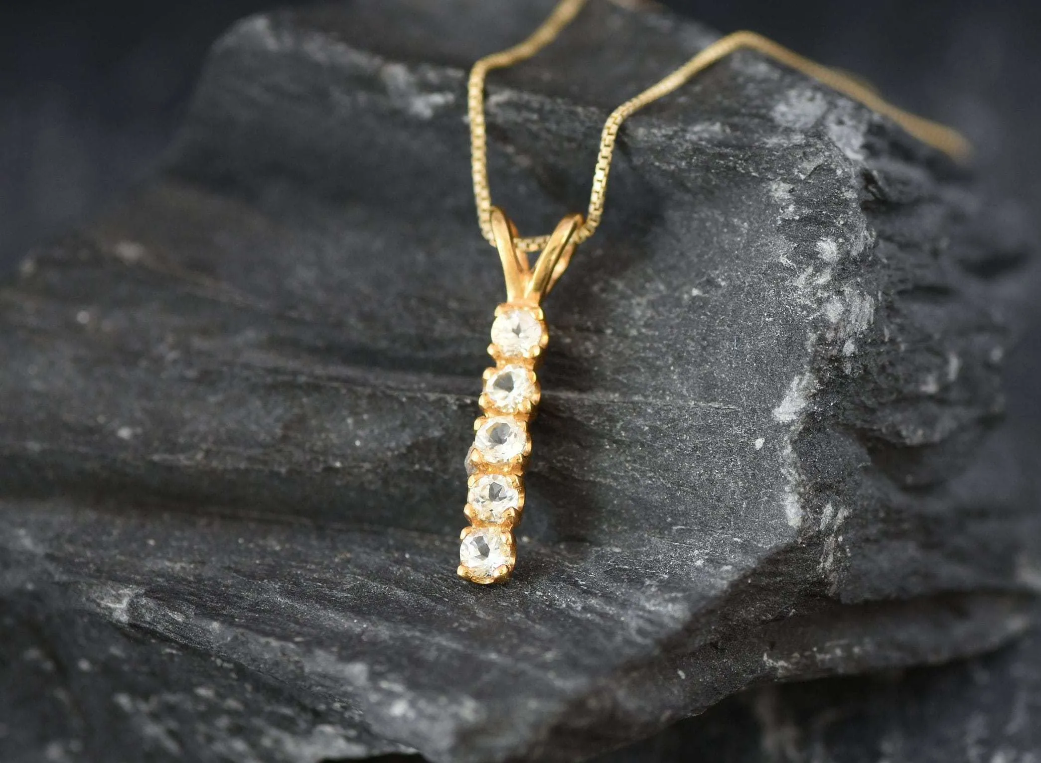 Vertical Topaz Pendant - Natural White Topaz Necklace, Gold White Topaz Pendant