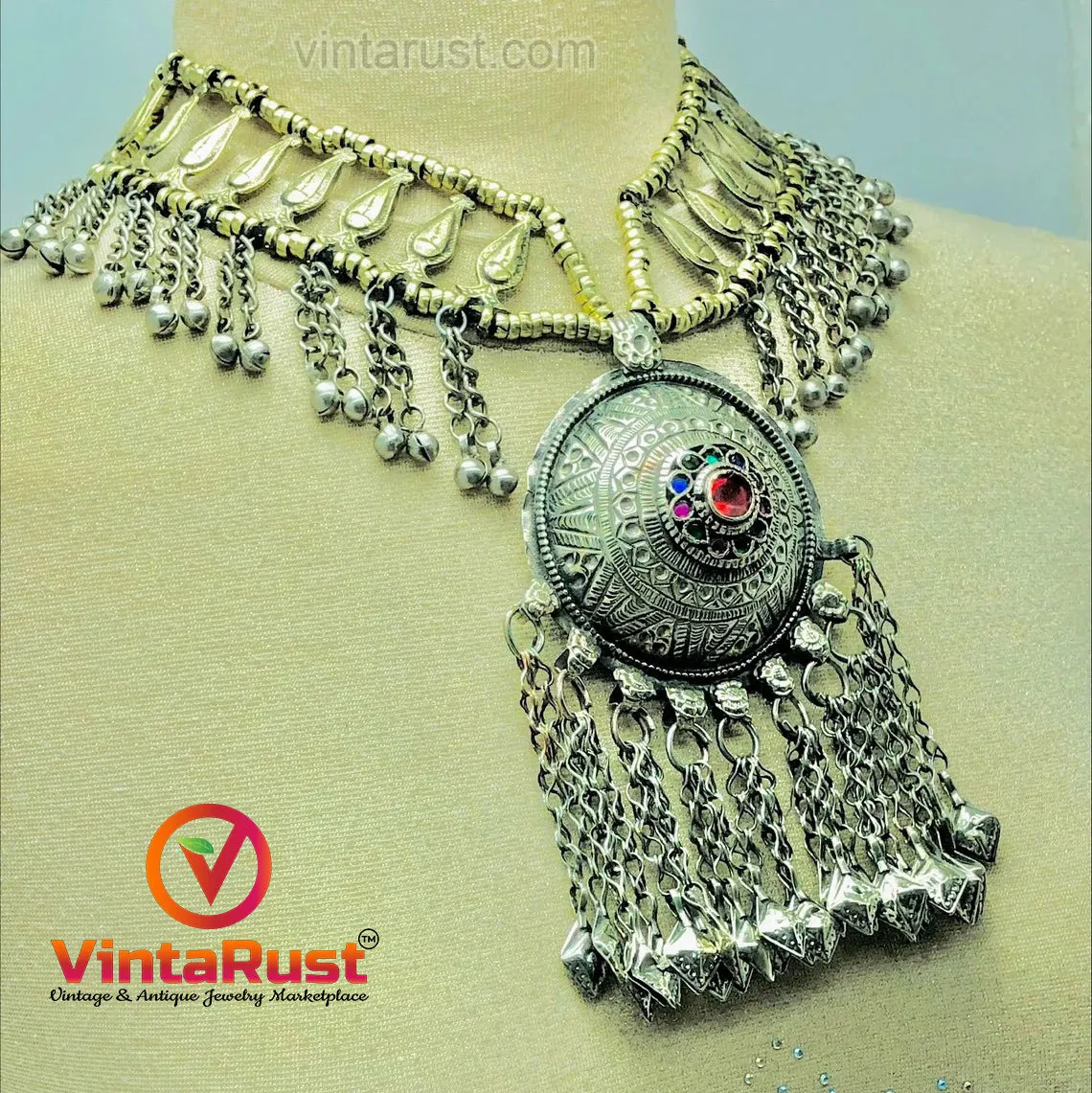 Vintage Afghan Bells and Tassels Pendant Necklace