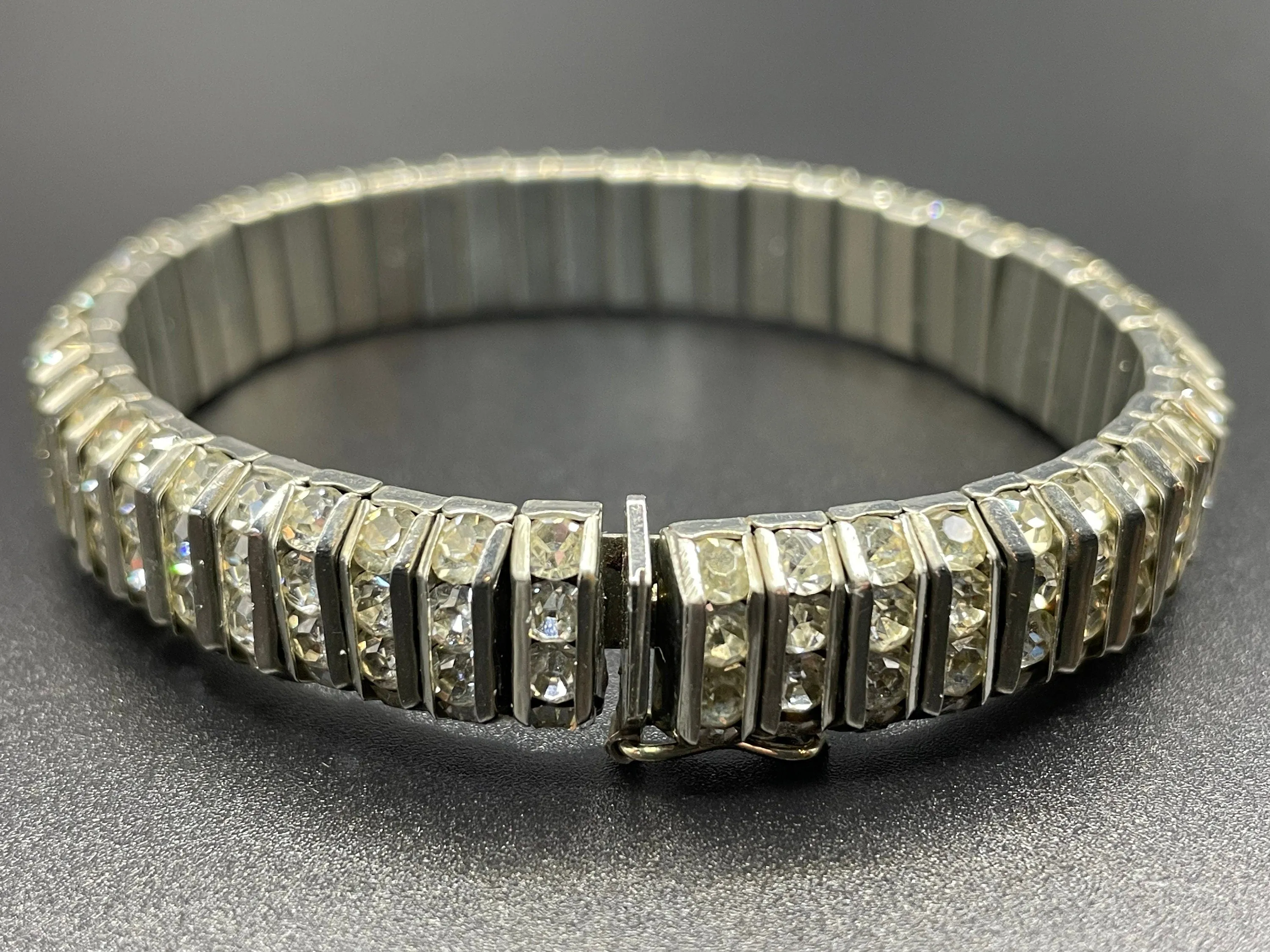 Vintage DRGM Schreiber & Hiller (unsigned) Art Deco channel set paste clear rhinestone geometric machine age bracelet