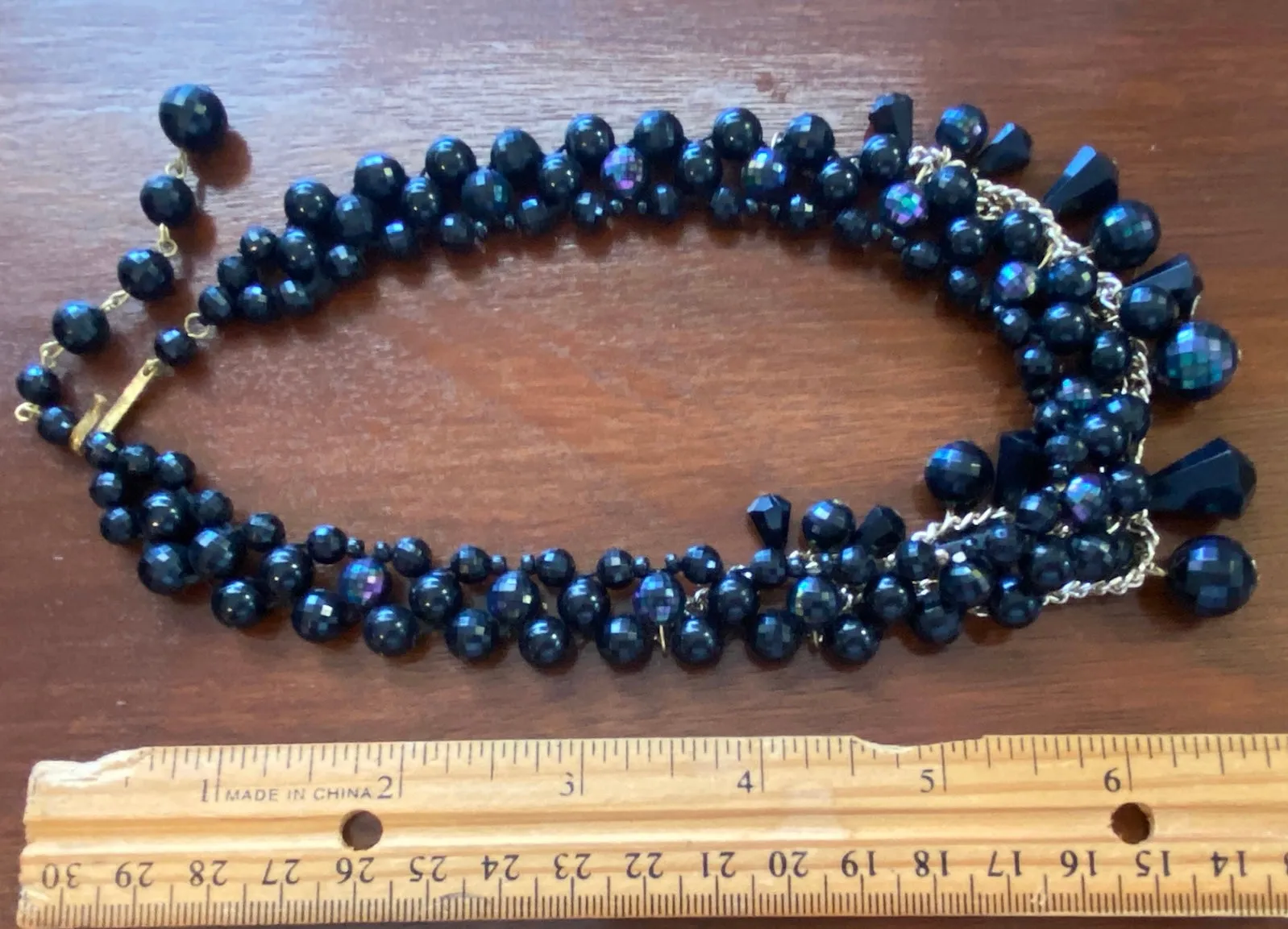 Vintage Germany Faceted AB Aurora Borealis Black Bead Necklace Choker