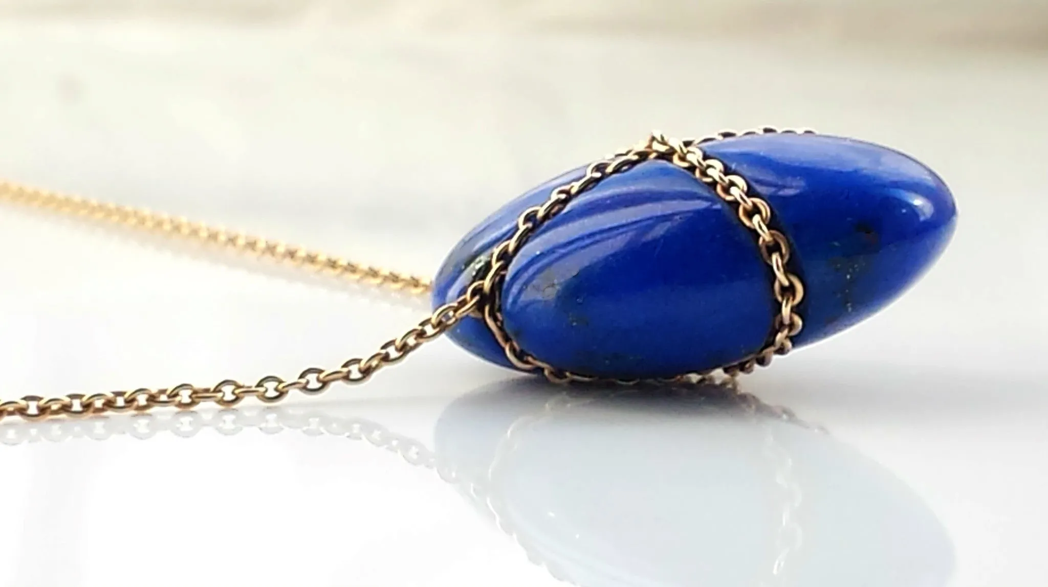 Vintage Tiffany & Co. Lapis Lazuli Bean Pendant / Necklace with 18in Gold Chain