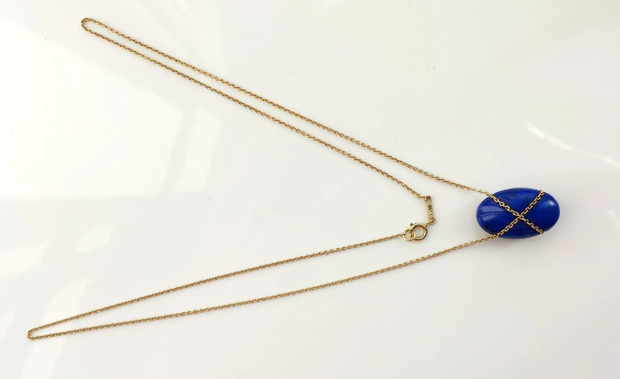 Vintage Tiffany & Co. Lapis Lazuli Bean Pendant / Necklace with 18in Gold Chain